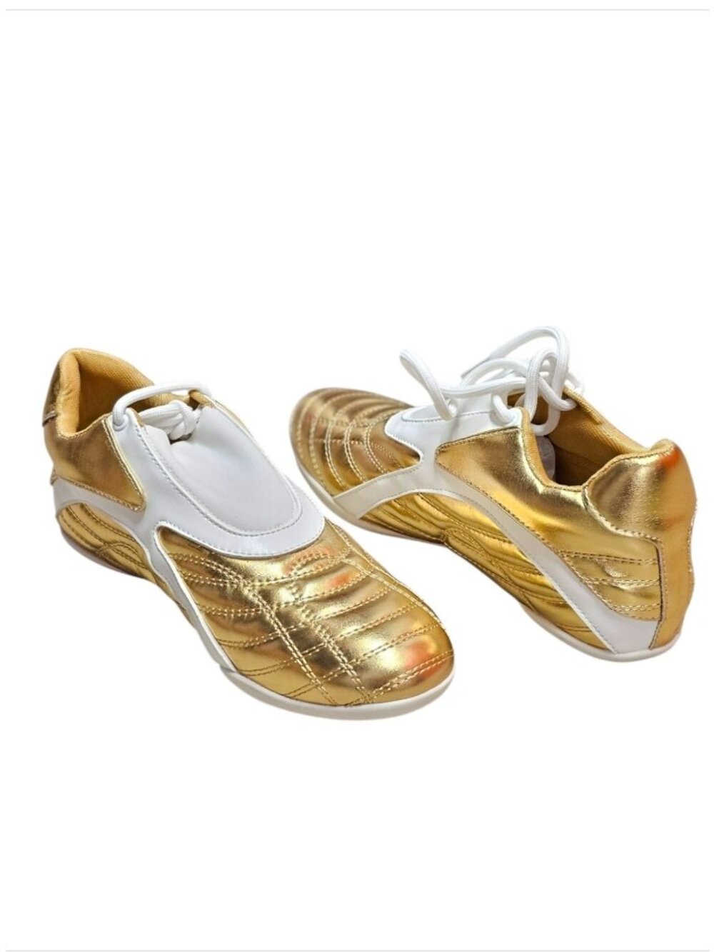 Gold & White Athletic Sneakers With Quilted Design & Lace-Up Closure - Picture 2 of 14